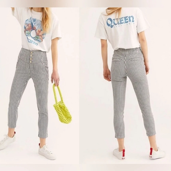 Free People Blue and White Tapered Trousers - Picture 1 of 14